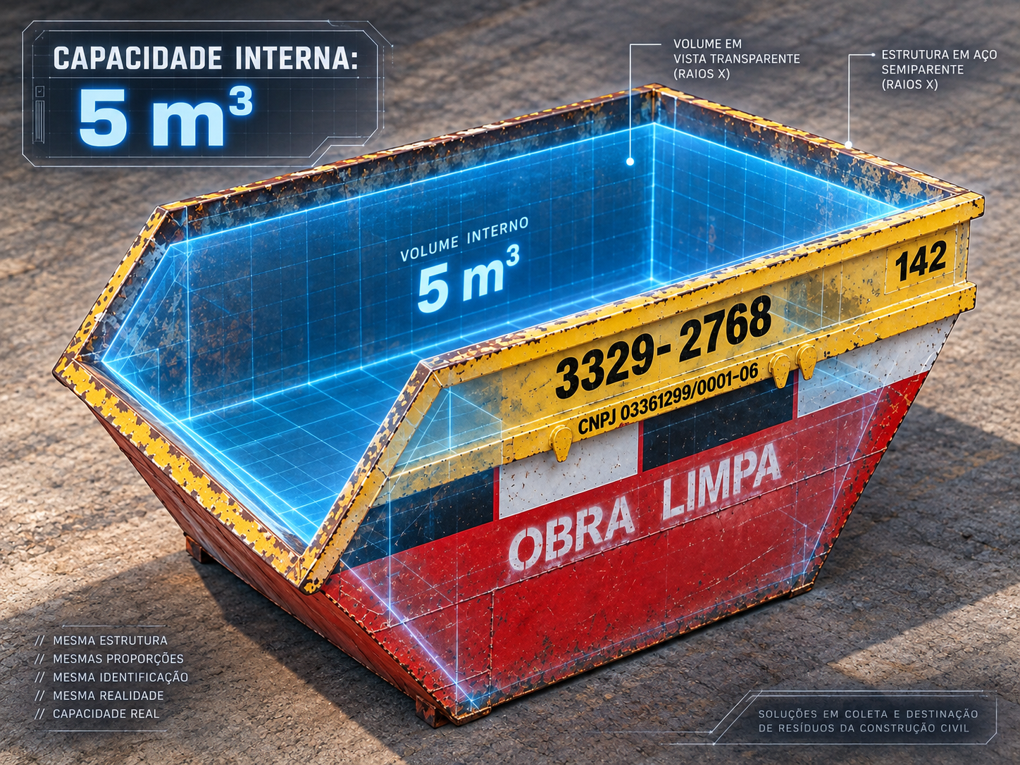 Ilustração da caçamba Obra Limpa com efeito de raio X: uma malha azul revela o volume interno de 5 m³, equivalente a 5.000 litros.