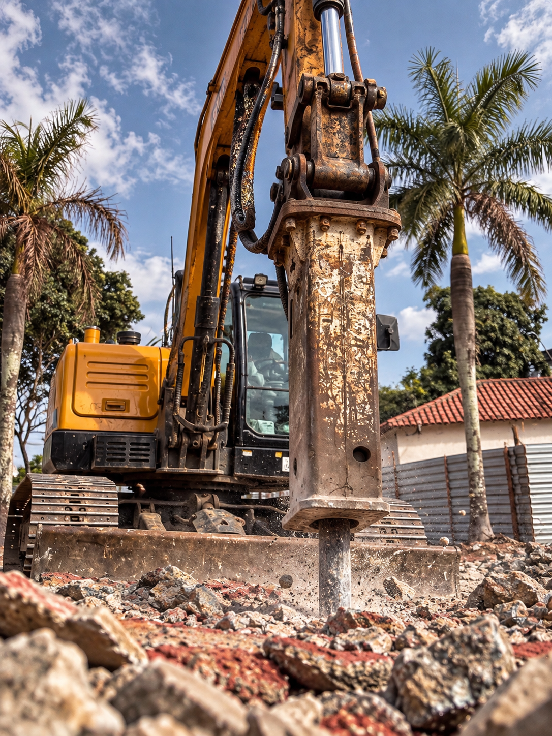 Imagem editada da miniescavadeira Obra Limpa com o rompedor hidráulico em destaque, visto de baixo no canteiro