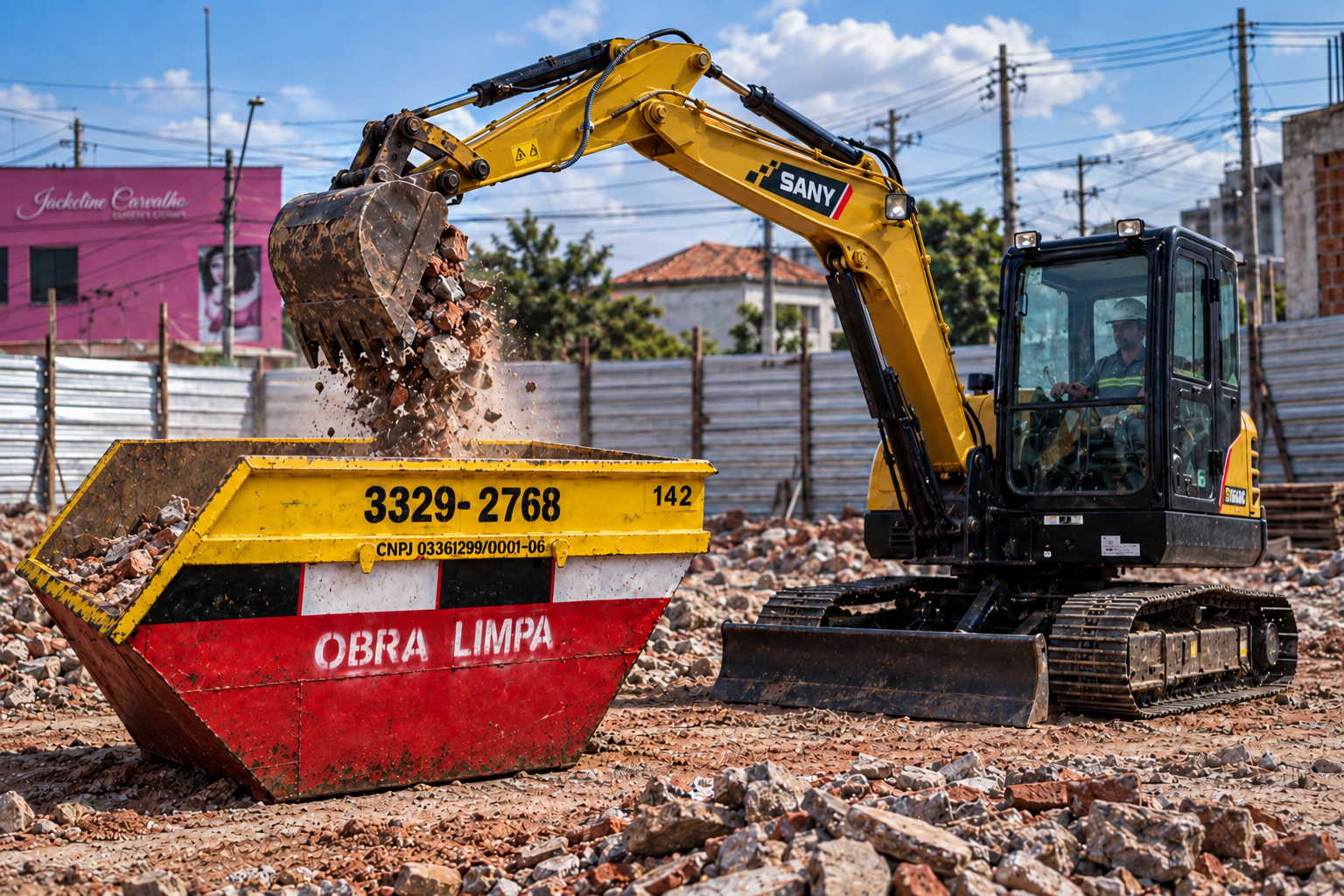 Montagem da miniescavadeira SANY de 6 toneladas com concha carregando uma caçamba Obra Limpa no canteiro